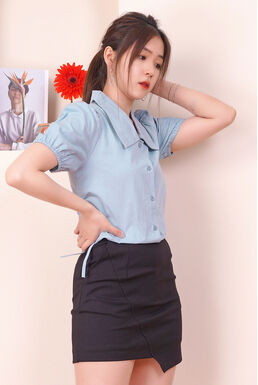 Collar Button Front Dual Side Drawstring Top (Light Blue)